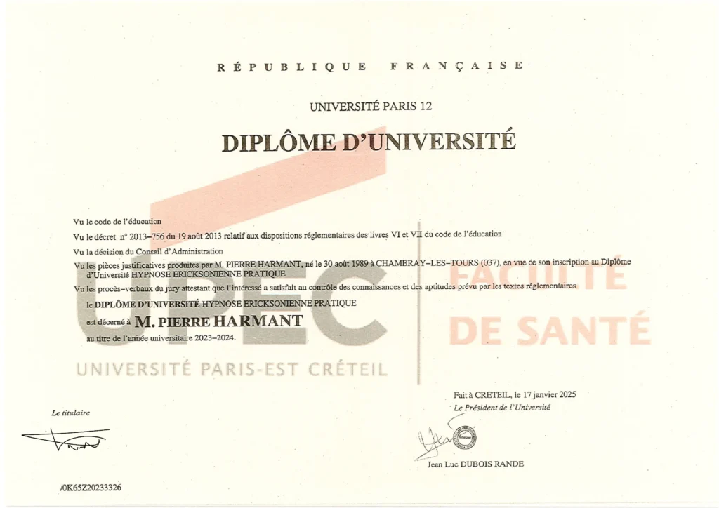 diplome hypnose pierre harmant